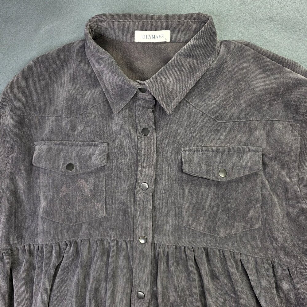 LILYMAES Shirt Womens Large Gray Corduroy Babydoll Peplum Snap Front Top Western - Picture 5 of 11